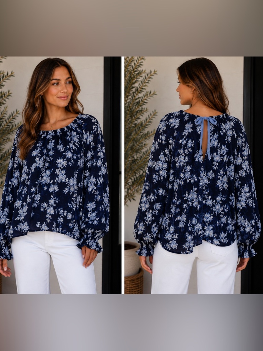 J.Crew Navy Floral Blouse Size M Long Sleeve Ruffle Cuff Keyhole Back Tie